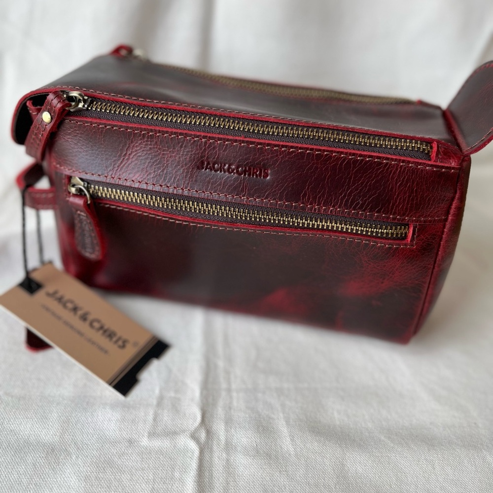 Genuine Leather Jack & Chris  Shave/Toiletry Bag Antique (Dark Wine) NWT